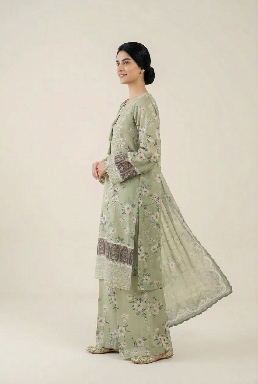 3 Pc Printed Embroidered Suit - 8052 - (Lawn Cotton With Monarch Dupatta)