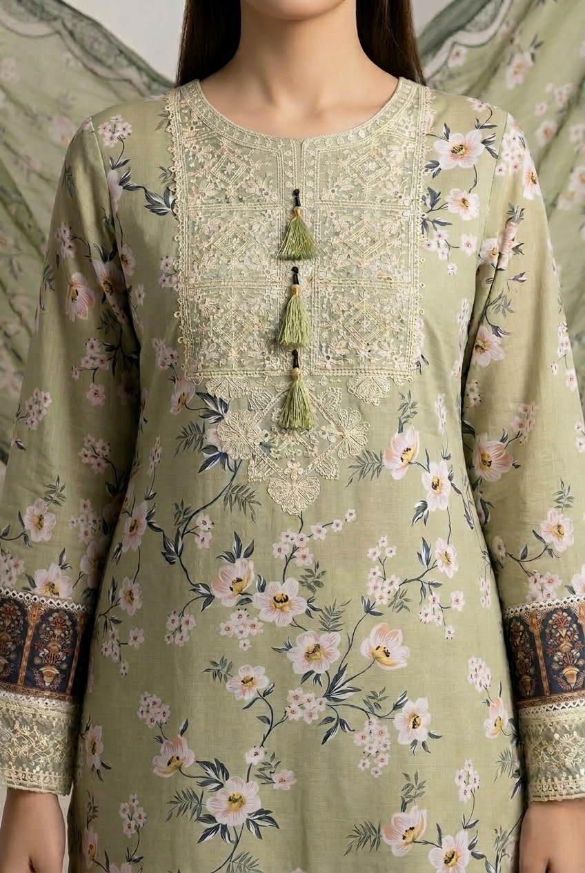 3 Pc Printed Embroidered Suit - 8052 - (Lawn Cotton With Monarch Dupatta)