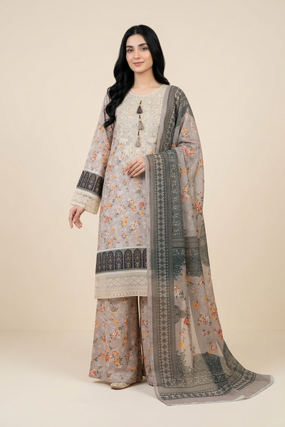 Woman wearing a traditional outfit with a floral design on a beige background