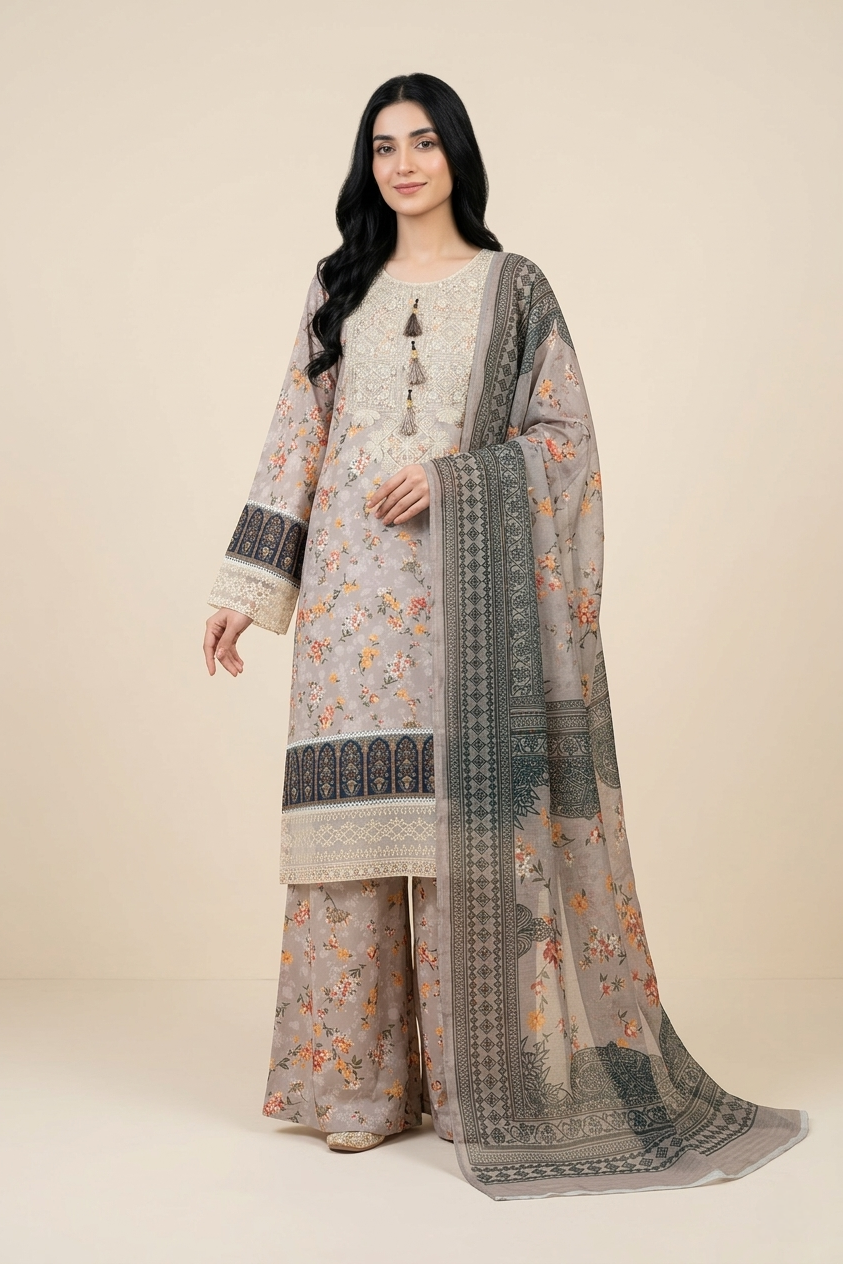 Woman wearing a traditional outfit with a floral design on a beige background