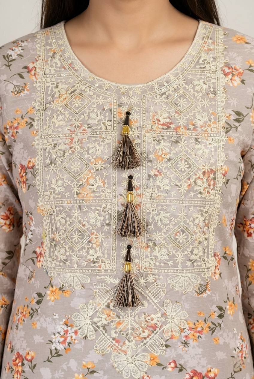 3 Pc Printed Embroidered Suit - 8053 - (Lawn Cotton With Monarch Dupatta)