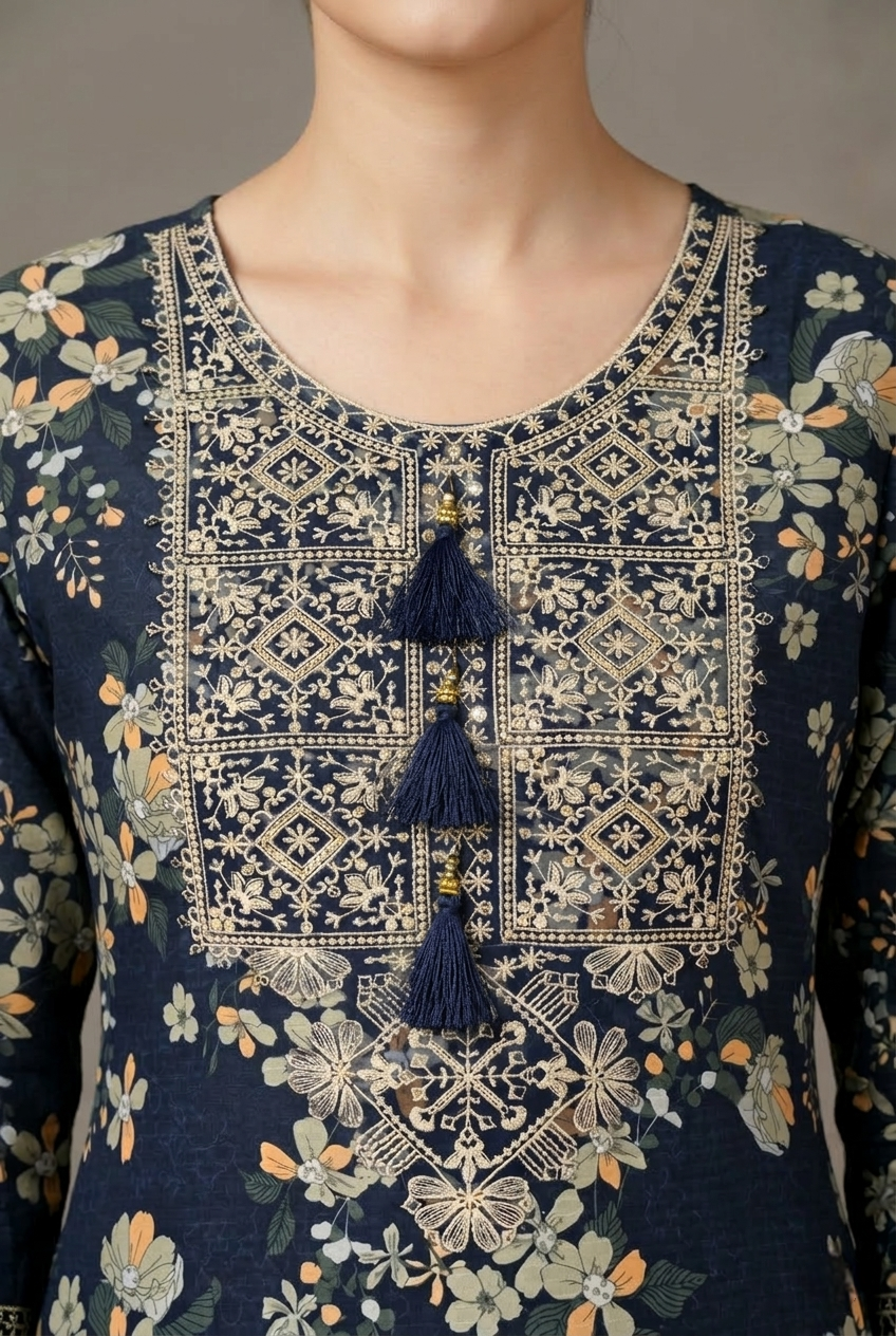 3 Pc Printed Embroidered Suit - 8056 - (Lawn Cotton With Monarch Dupatta)