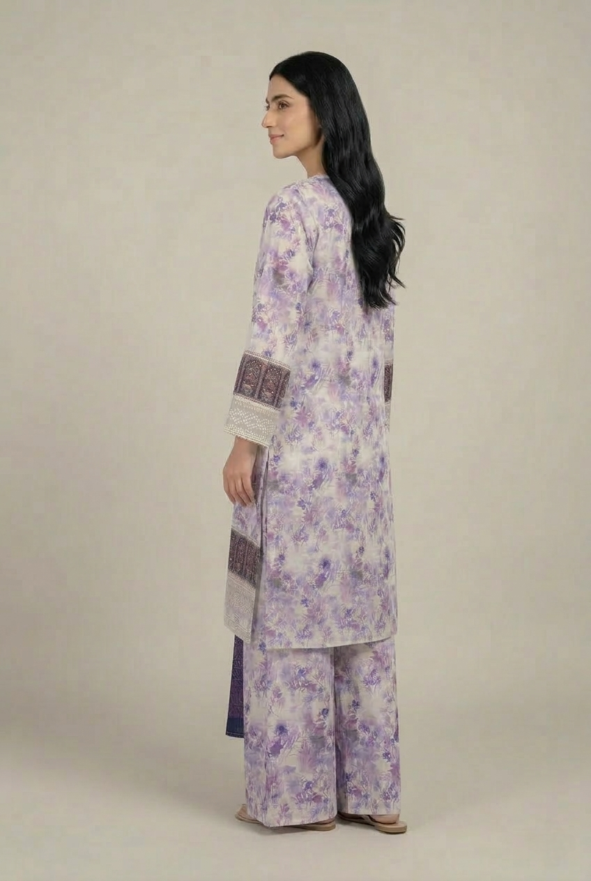 3 Pc Printed Embroidered Suit - 8057 - (Lawn Cotton With Monarch Dupatta)