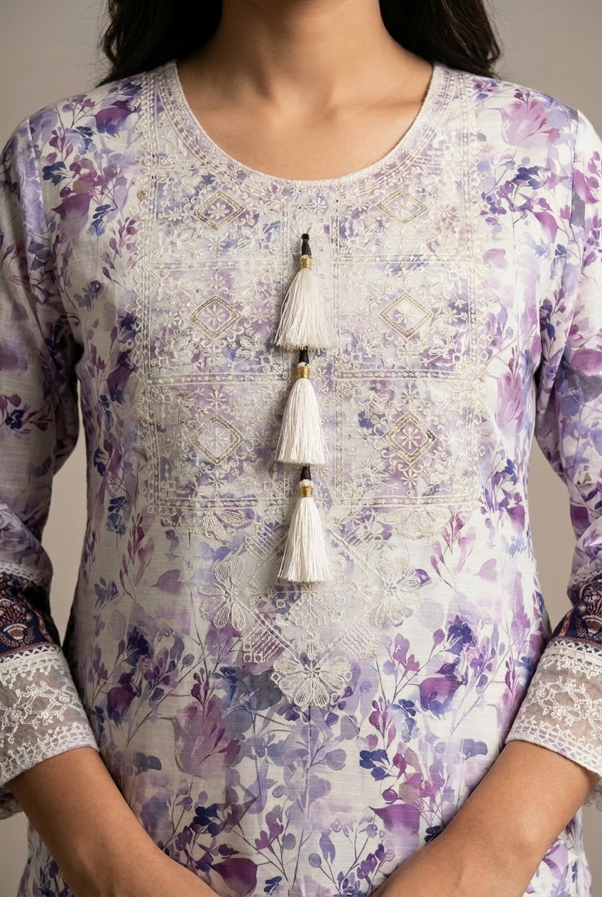 3 Pc Printed Embroidered Suit - 8057 - (Lawn Cotton With Monarch Dupatta)