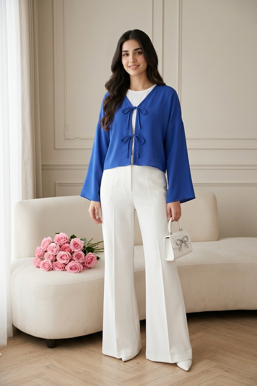 A front-view shot of a model wearing a royal blue blouse featuring double bow-tie front closures and long bell sleeves. The vibrant blue top is styled with white wide-leg trousers and a white handbag, creating a sophisticated and airy aesthetic.