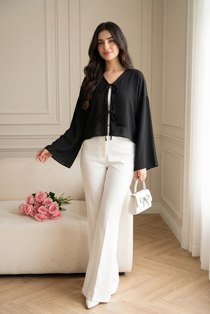 FRONT BOW BLOUSE - BLACK