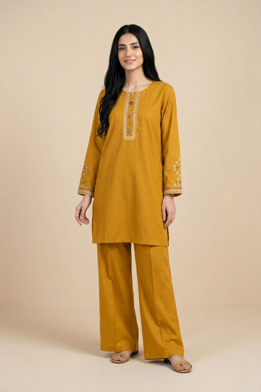 Woman wearing a mustard yellow kurta with embroidery on a beige background