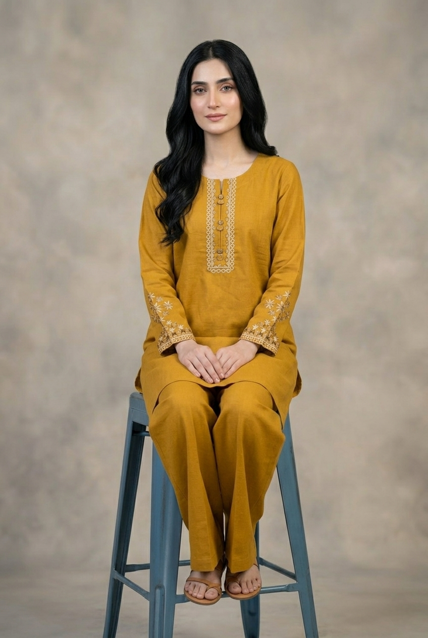 2 Pc Solid Embroidered Set - 7011