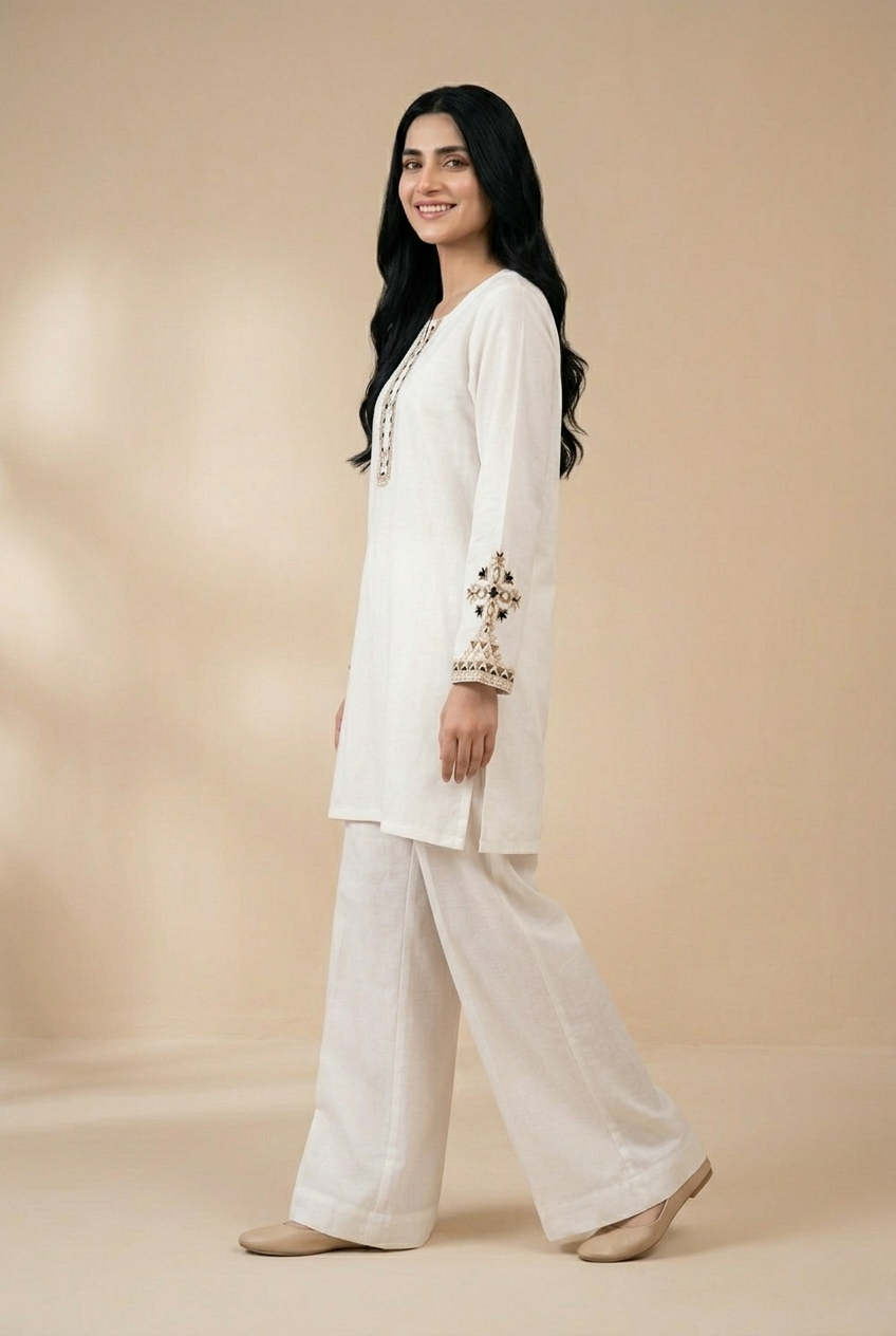 2 Pc Solid Embroidered Set - 7009