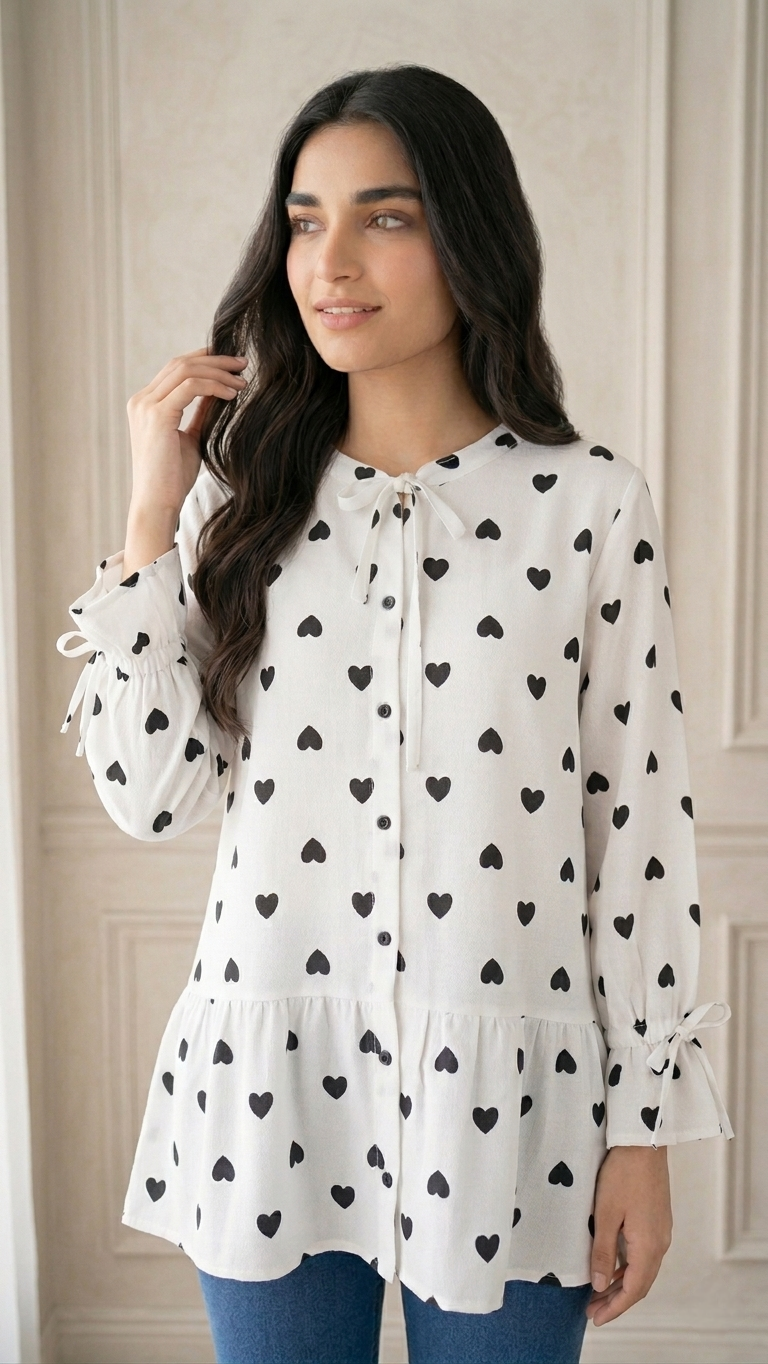 Woman wearing a white blouse with black heart patterns against a neutral background