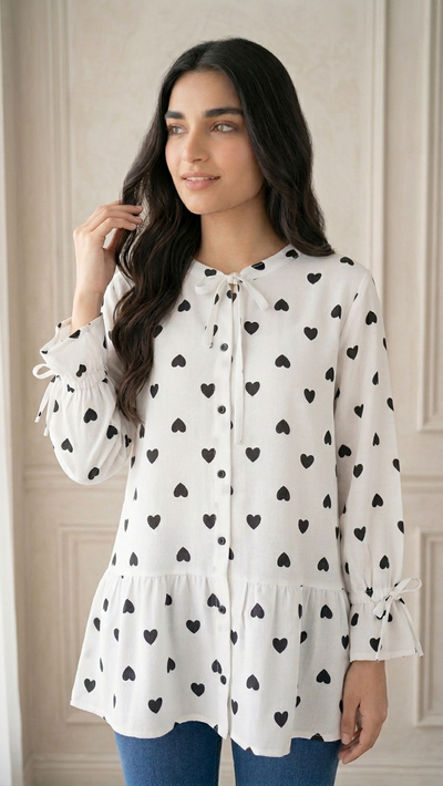 Woman wearing a white blouse with black heart patterns against a neutral background