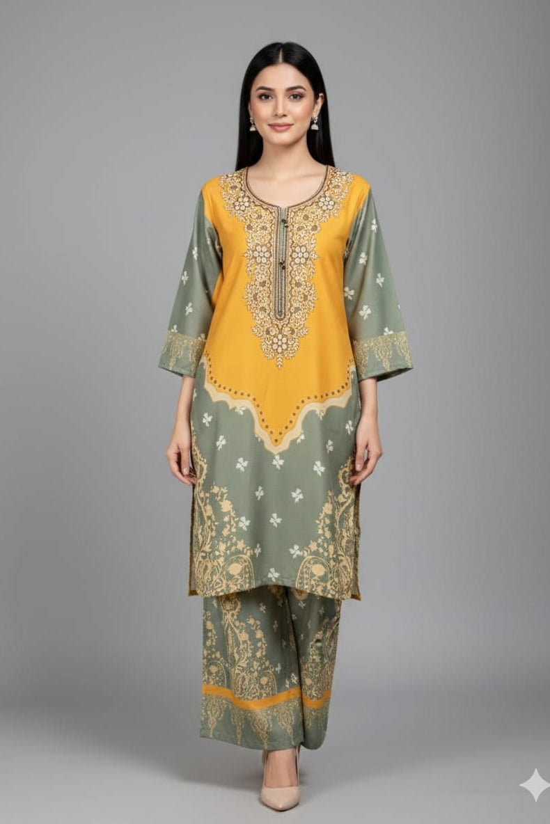 Woman wearing a green and yellow outfit on a gray background