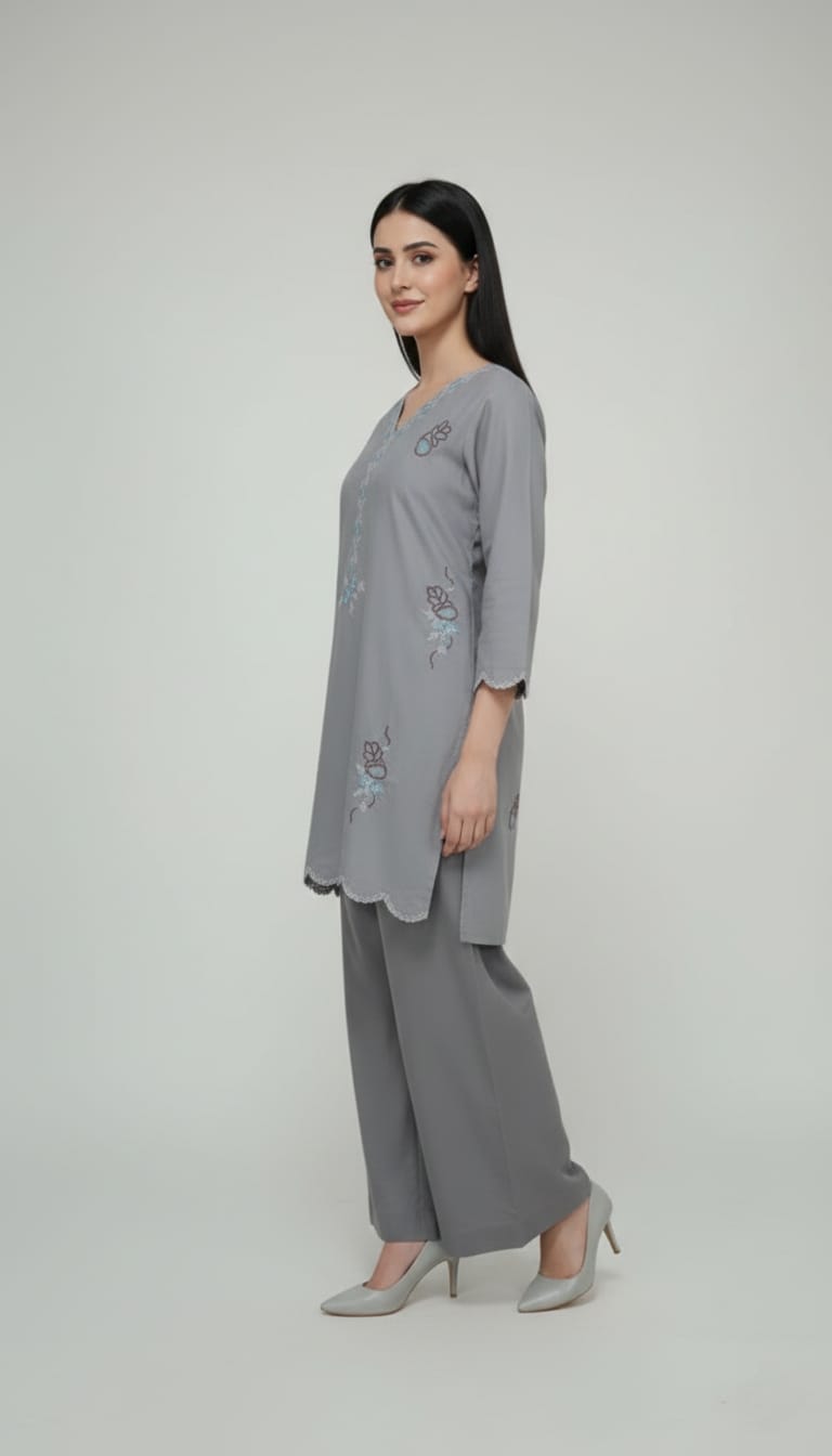 2 Pc Solid Embroidered Set - 6004