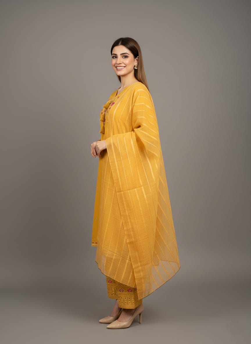 3 Pc Embroidered Suit - 8008 - (Cotton Lawn / Chiffon Silk Dupatta)