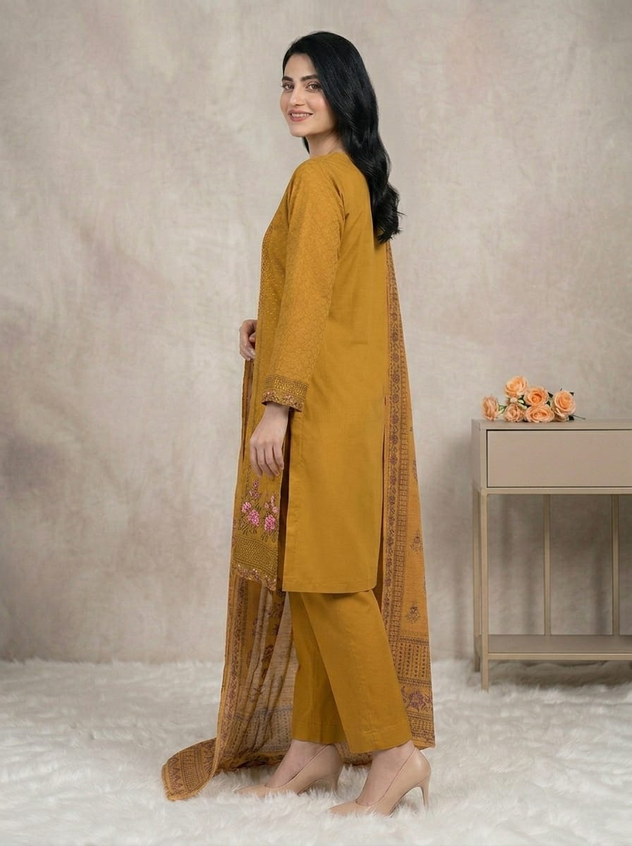 3 Pc Embroidered Suit - 8019 - (Cotton Silk With Monarch Dupatta)