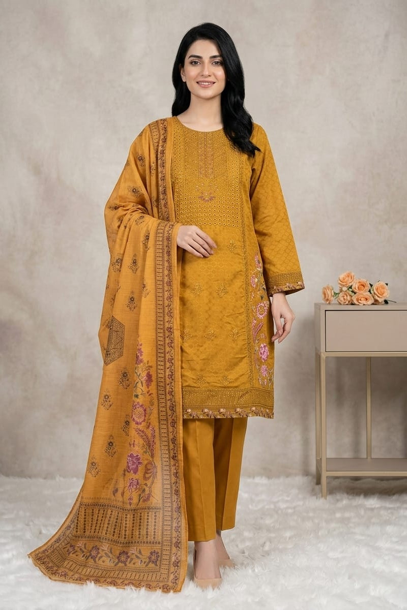 Woman wearing a mustard yellow traditional outfit with a matching dupatta against a neutral background