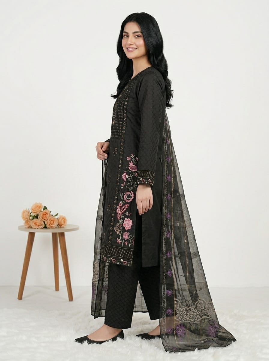 3 Pc Embroidered Suit - 8020 - (Cotton Silk With Monarch Dupatta)