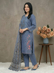 3 Pc Embroidered Suit - 8021 - (Cotton Silk With Monarch Dupatta)