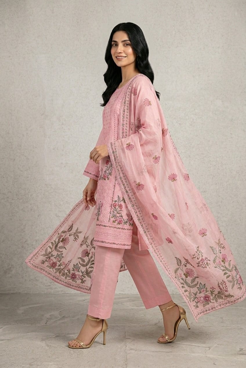 3 Pc Embroidered Suit - 8024 - (Cotton Silk With Monarch Dupatta)