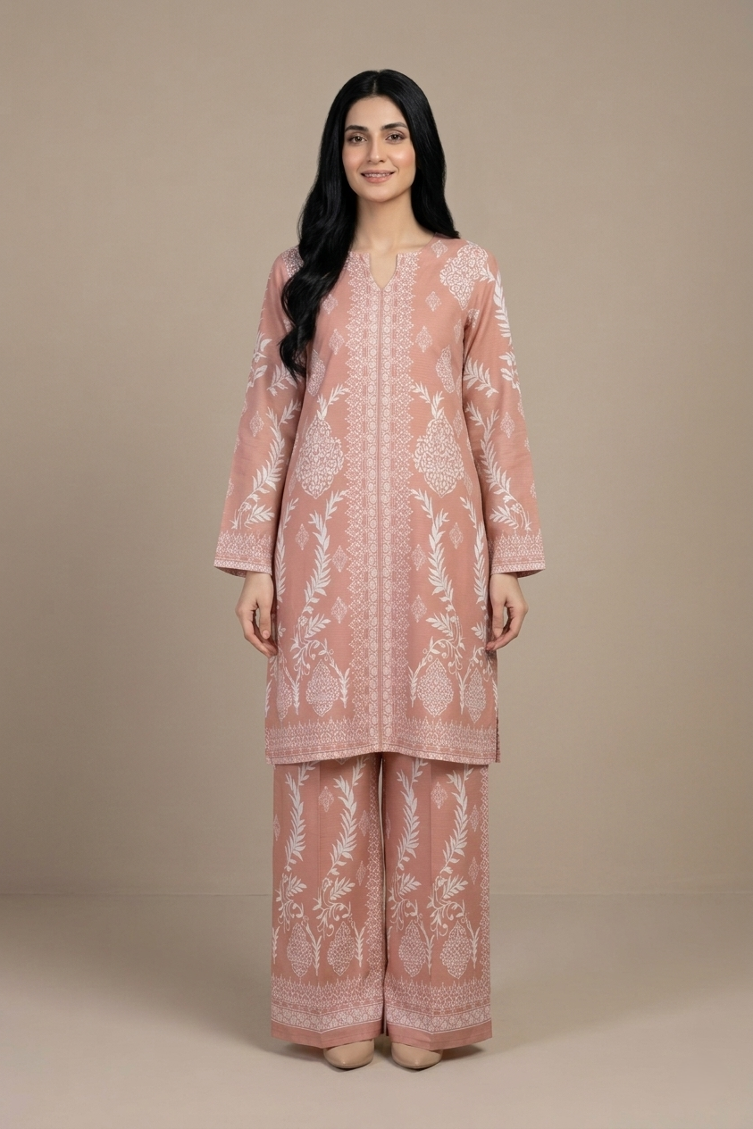 Woman wearing a pink embroidered traditional outfit against a beige background