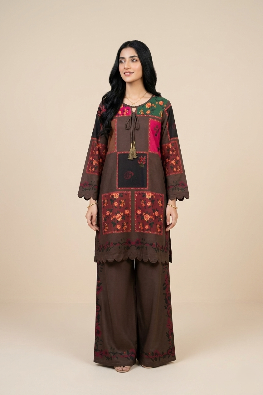 Woman wearing a patterned outfit on a beige background