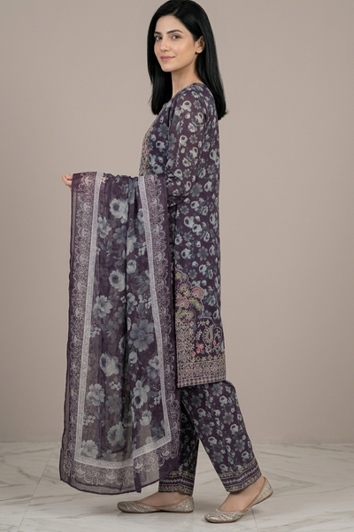 3 Pc Printed Embroidered Suit - 8034 - (Cotton Silk With Monarch Dupatta)