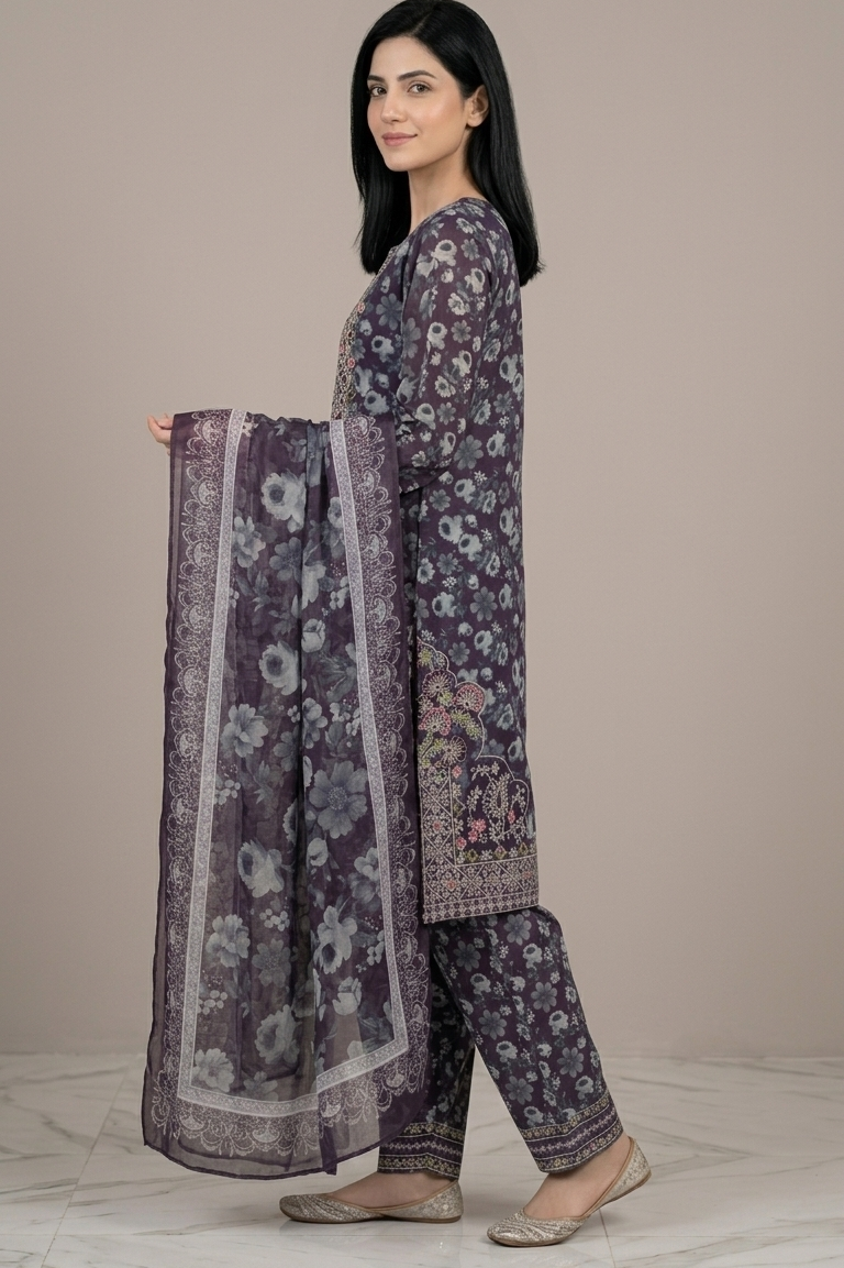 3 Pc Printed Embroidered Suit - 8034 - (Cotton Silk With Monarch Dupatta)