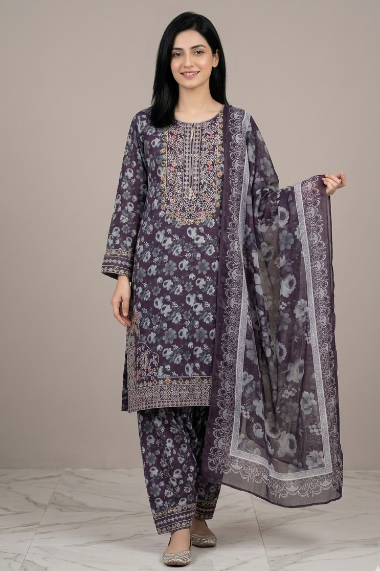 3 Pc Printed Embroidered Suit - 8034 - (Cotton Silk With Monarch Dupatta)