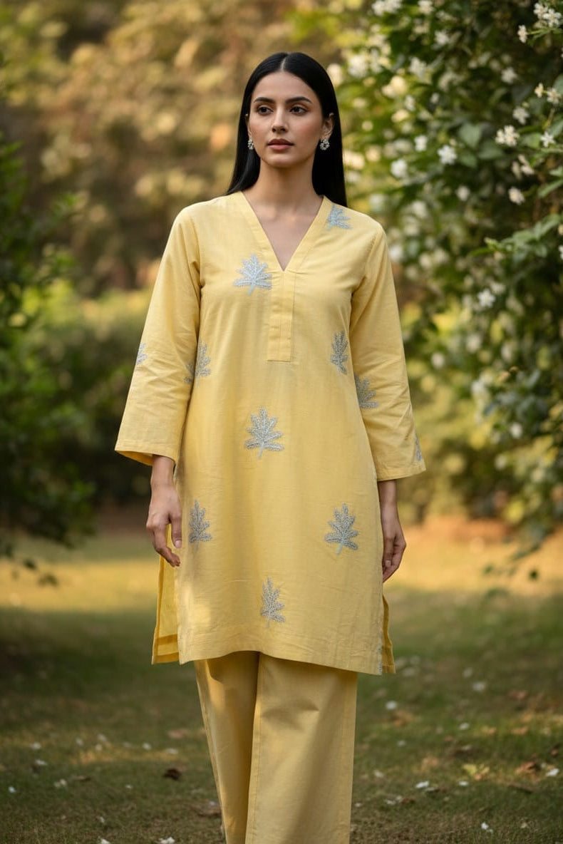 2 Pc Self Embroidered Fusion Set - Butter Yellow