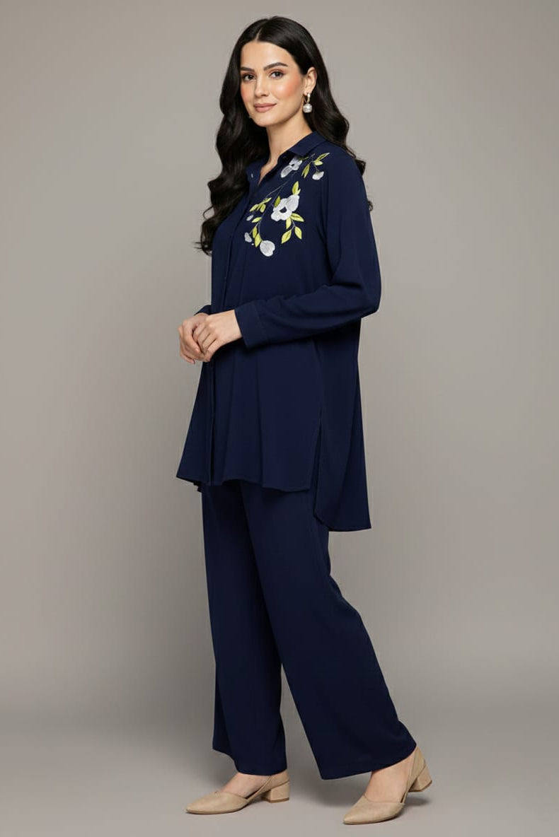 Textured CO-ORD SET (Embroidered - Navy Blue) - 008