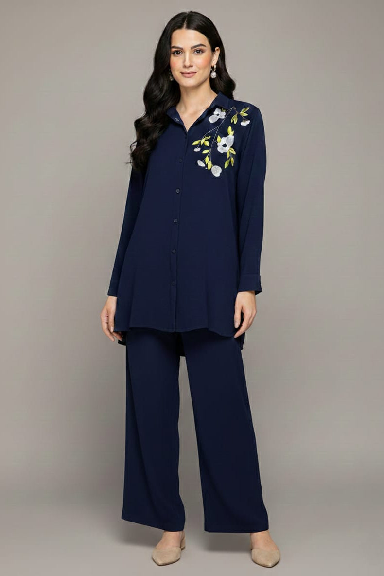 Textured CO-ORD SET (Embroidered - Navy Blue) - 008