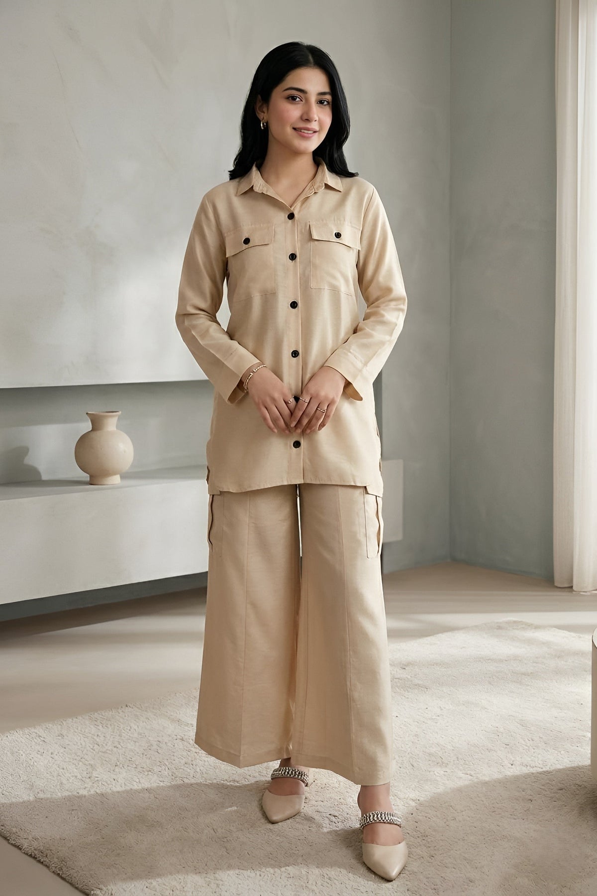 Woman wearing a beige co ord set standing in a minimalistic room 