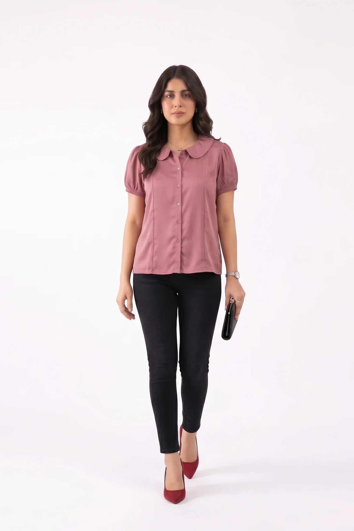 Rosewood Peter Pan collar blouse, styled with heels – Amna Ali Nawaz