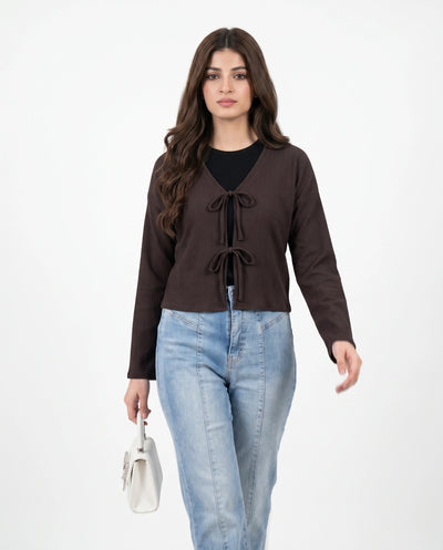 FRONT BOW BLOUSE - CHOCOLATE BROWN