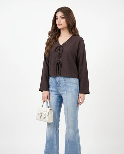 FRONT BOW BLOUSE - CHOCOLATE BROWN