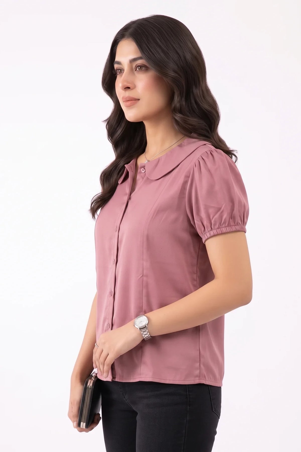 Rosewood Peter Pan collar blouse, side profile – Amna Ali Nawaz