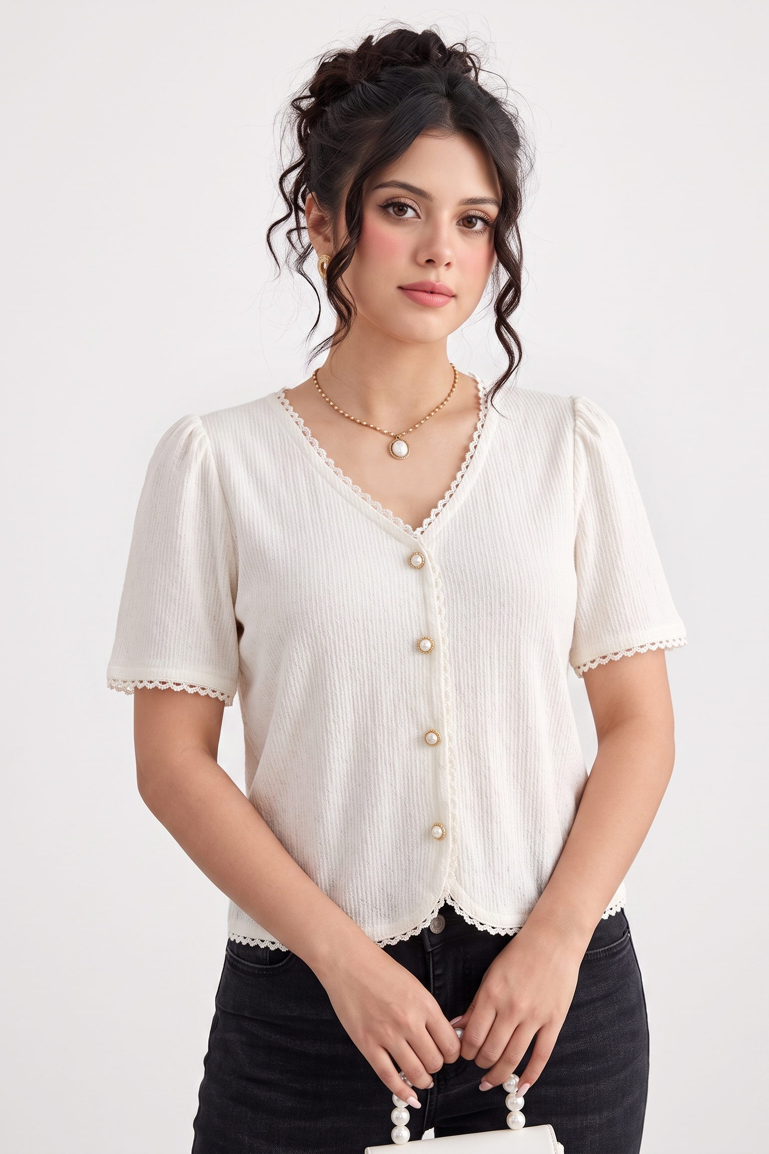 A woman modeling a short-sleeve cream-colored textured top with scalloped trim, a V-neckline, and decorative gold buttons, paired with black jeans against a plain white studio background.