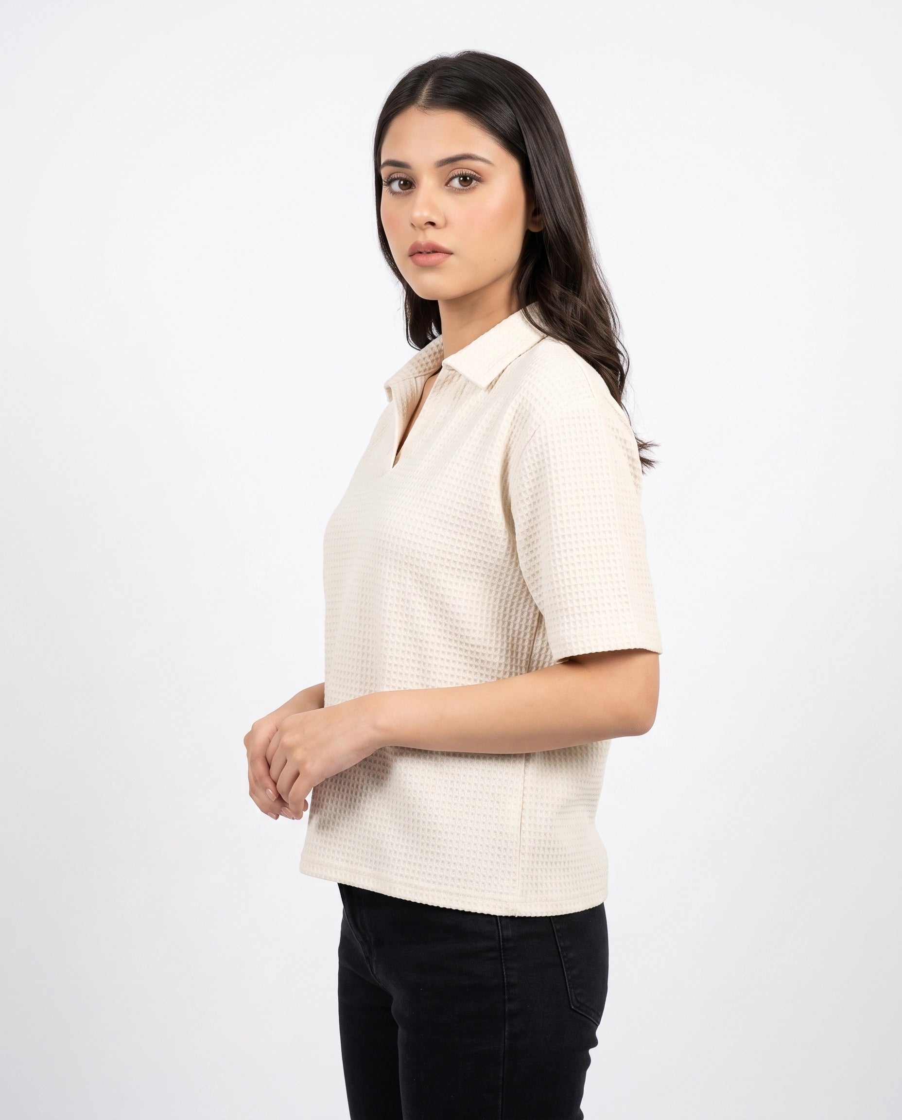 WAFFLE KNIT COLLAR SHIRT - OFF WHITE